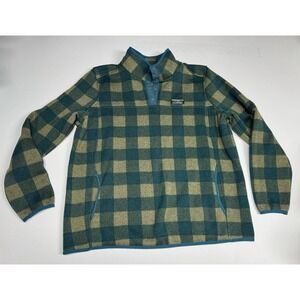 LL Bean Sweater Women Petite XL Buffalo Plaid Snap Henley Mock Sweatshirt Teal